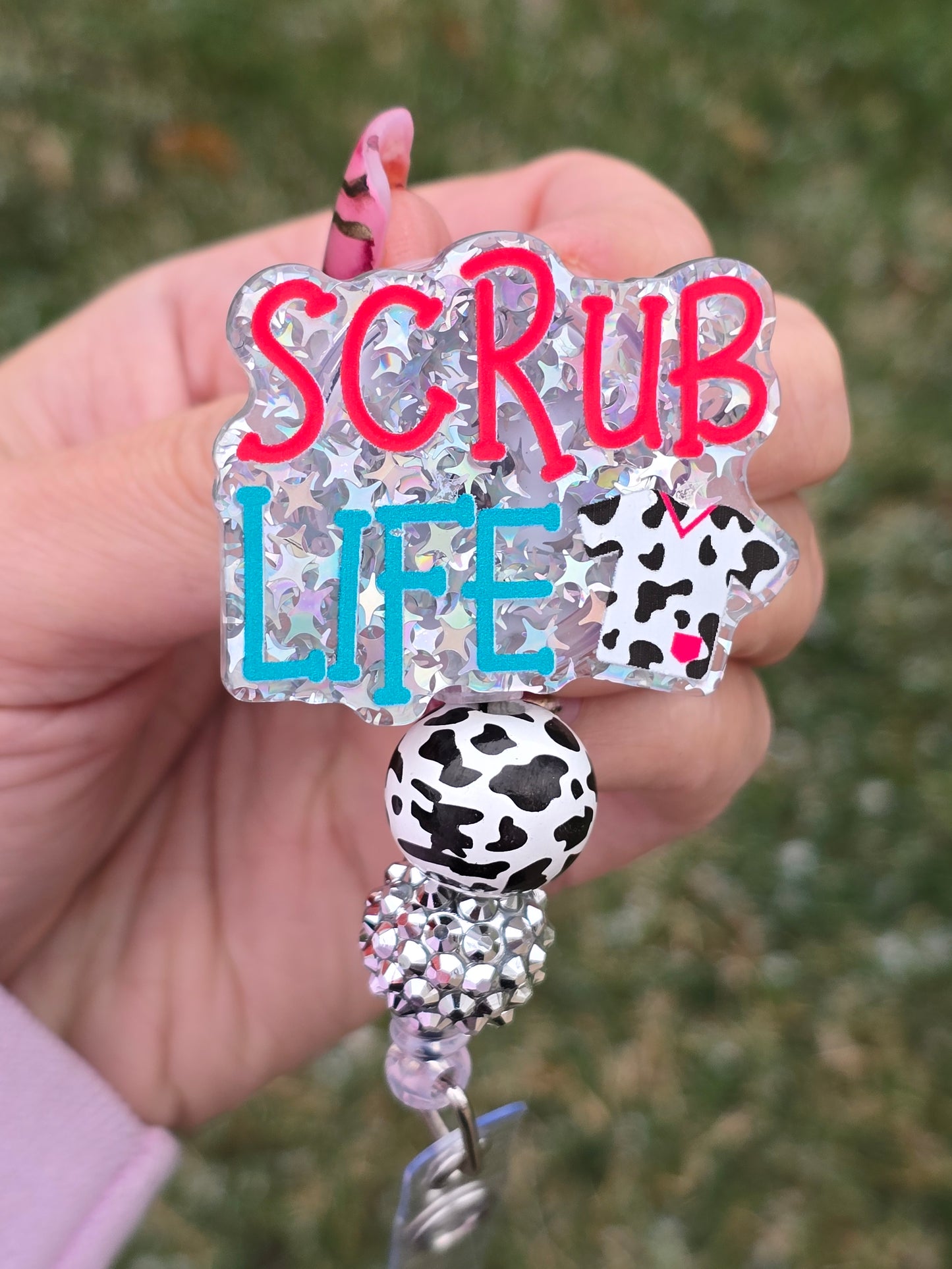 Scrub Life Cow Print Badge Reel